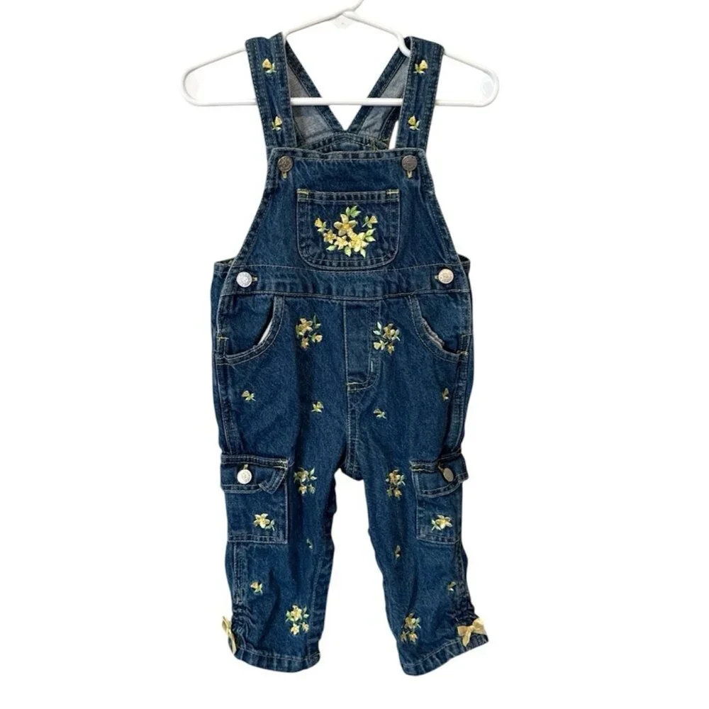 Vintage Jeans wear Overalls Toddler Girls Size 18 Months Denim Yellow Embroidery